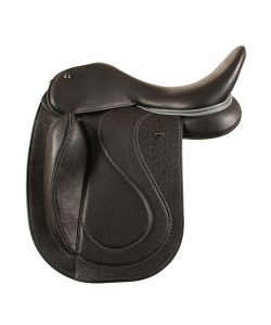 Academic Seat in Black with Grey Facings and Embossed Cantle Insert with Gold Cantle Plate; Dressage Seriously Straight Flaps in Padded Leather with Swirl Stitch Pattern and BUTT Leather Wear Strip.