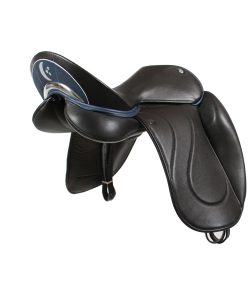 Extra Deep Seat Black with Blue Facings and Moon and Starts Cantle Insert; Dressage Giant High Fixed Block Padded Flaps with Swirl Stitch Pattern.